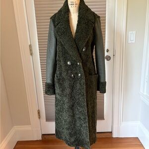 ZARA faux shearling olive green reversible midi coat sz 10/12